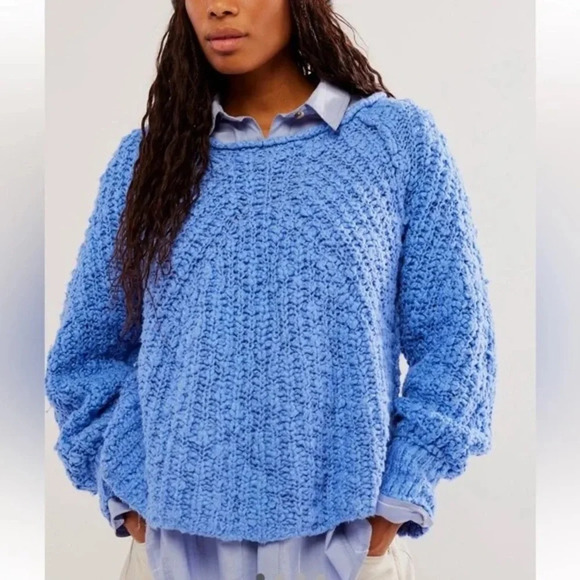 Free People In A Swirl Blue Chunky Knit Crewneck‎ Sweater Women's Xsmall - Picture 1 of 7